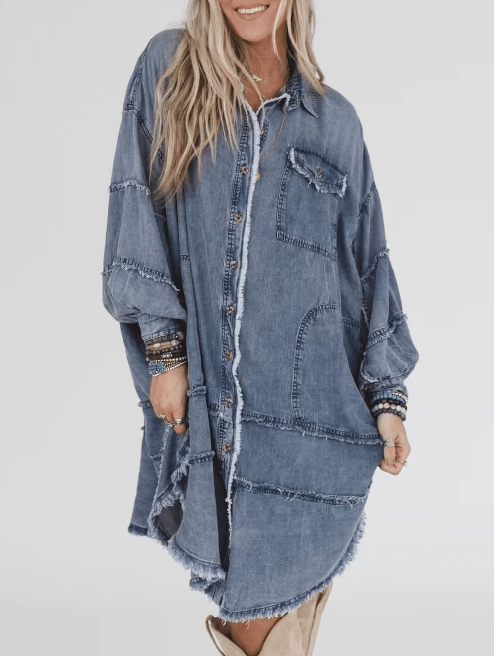 Faveur Oversized Boho Chic Denim Shirt Dress 100% Tencel Large